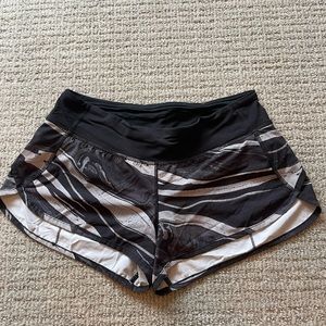 Lululemon black and white womens running shorts with back waistband pocket